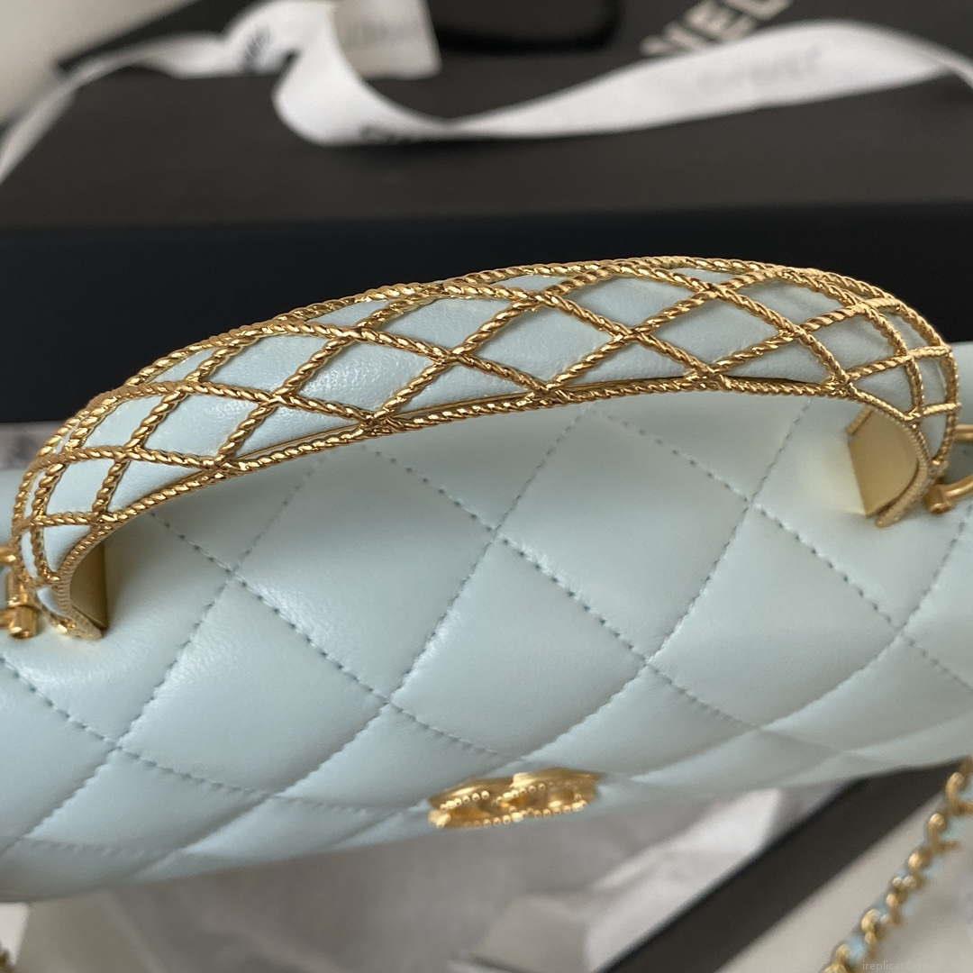 Chanel AP3385 Woc Flap Phone Holder With Chain Lambskin Blue Gold