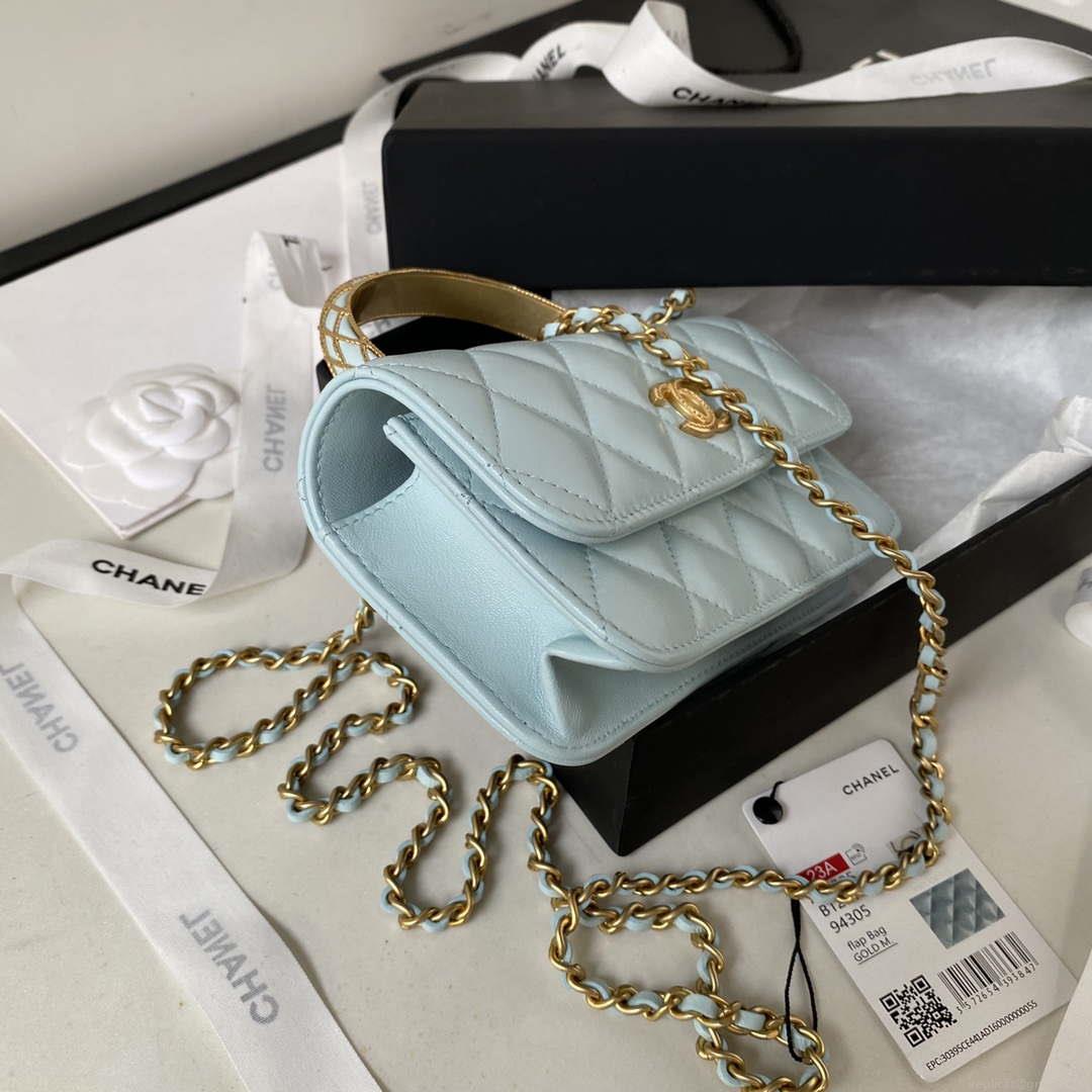 Chanel AP3385 Woc Flap Phone Holder With Chain Lambskin Blue Gold