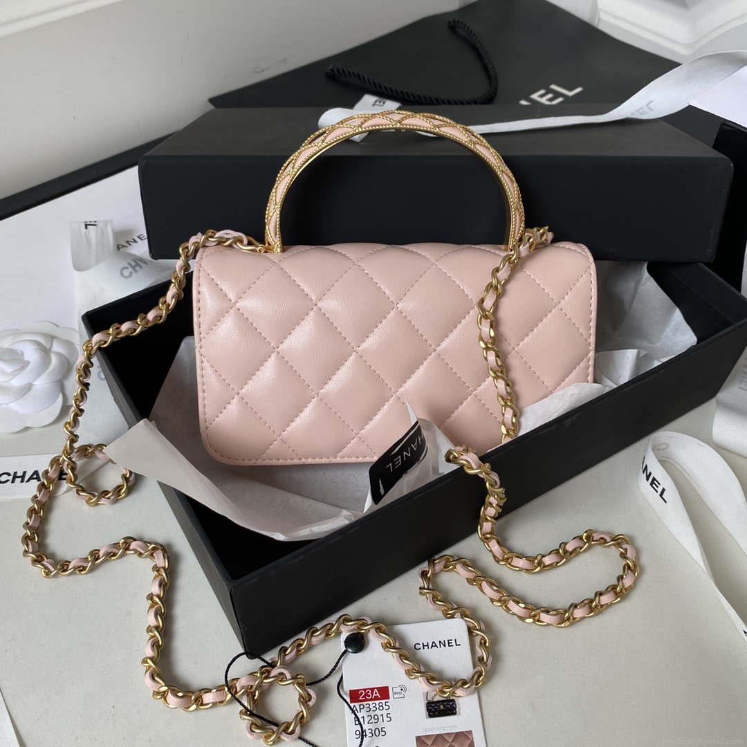 Chanel AP3385 Woc Flap Phone Holder With Chain Lambskin Pink Gold