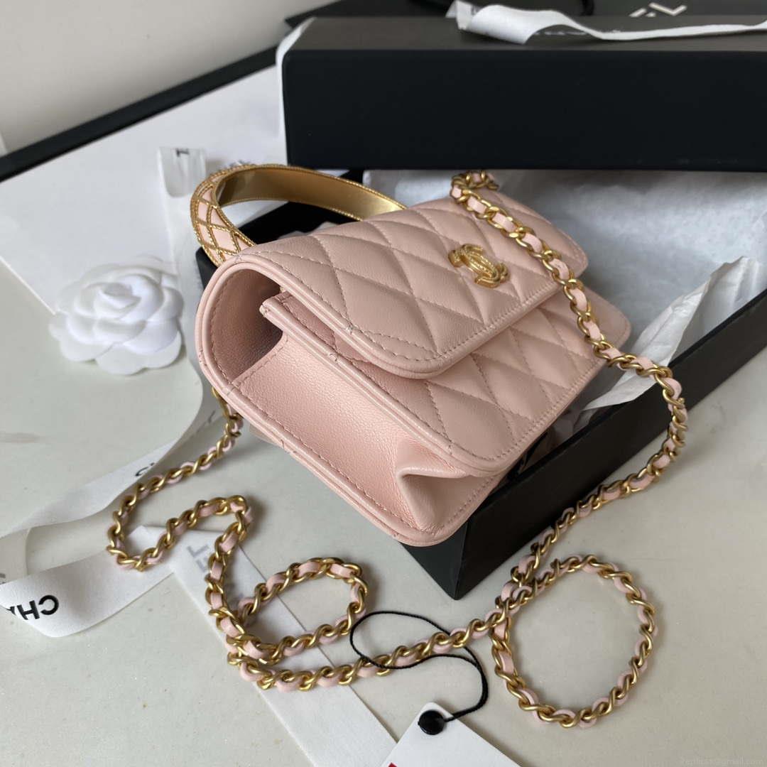 Chanel AP3385 Woc Flap Phone Holder With Chain Lambskin Pink Gold