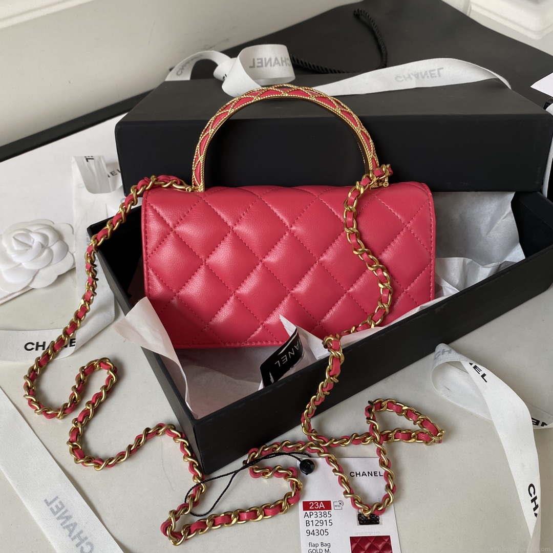 Chanel AP3385 Woc Flap Phone Holder With Chain Lambskin Red Gold