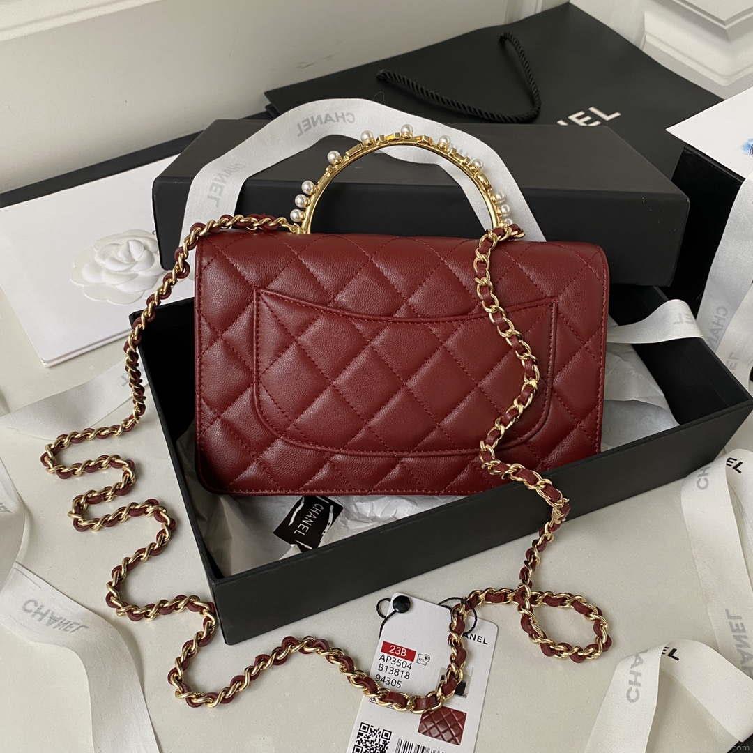 Chanel AP3504 Woc Wallet On Chain lambskin Imitation Pearls Strass & Gold Wine Red