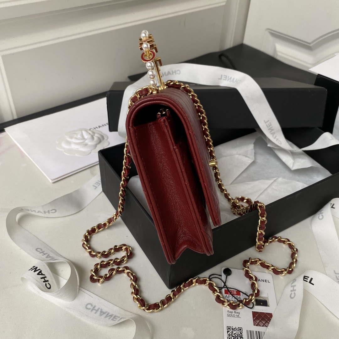 Chanel AP3504 Woc Wallet On Chain lambskin Imitation Pearls Strass & Gold Wine Red