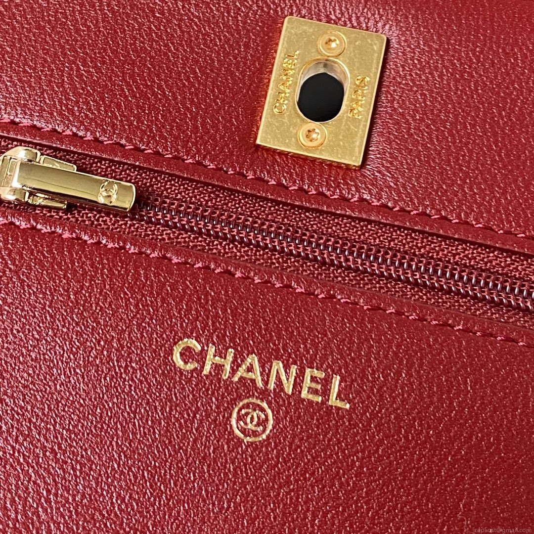 Chanel AP3504 Woc Wallet On Chain lambskin Imitation Pearls Strass & Gold Wine Red
