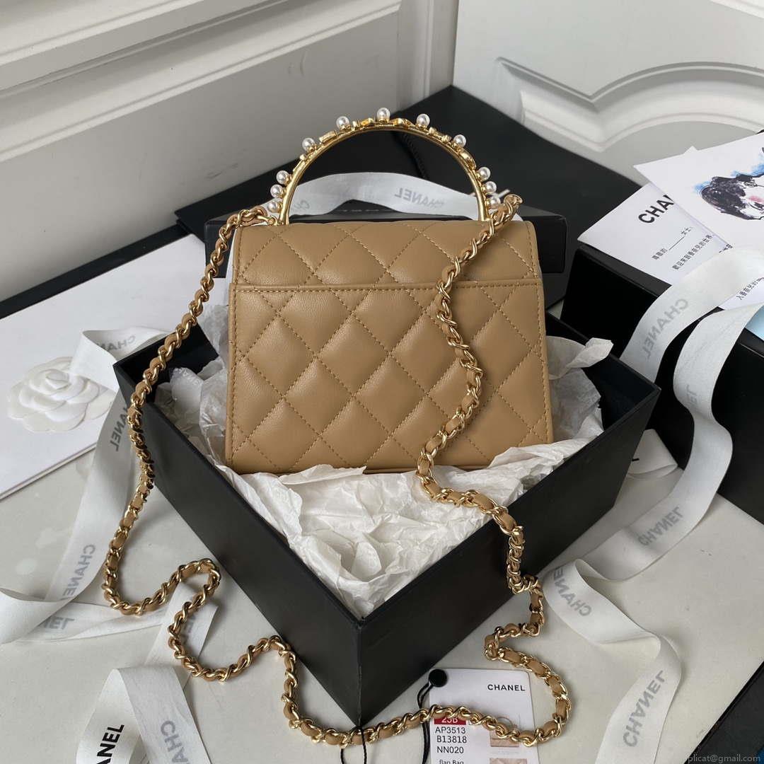 Chanel AP3513 Woc Clutch With Chain lambskin Imitation Pearls Enamel & Gold Apricot