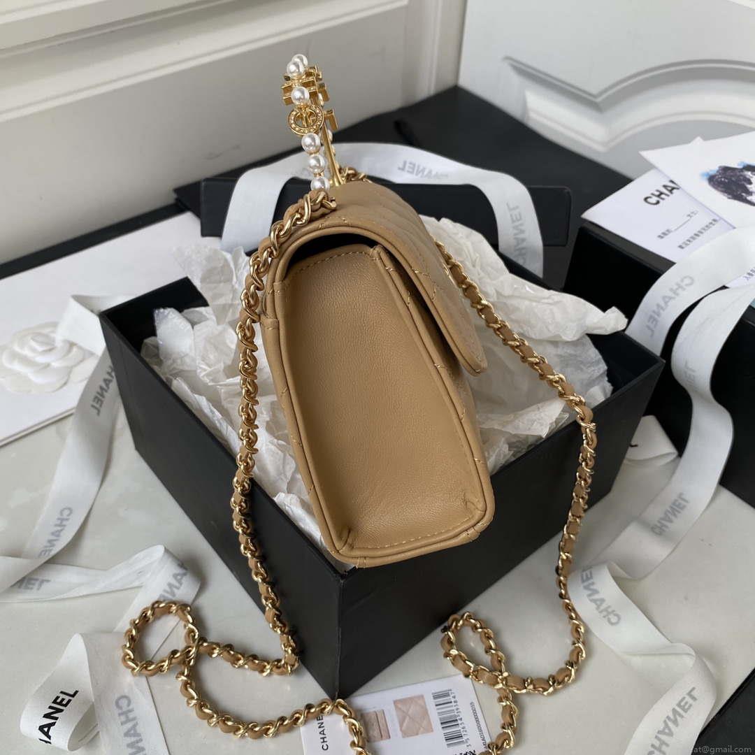 Chanel AP3513 Woc Clutch With Chain lambskin Imitation Pearls Enamel & Gold Apricot