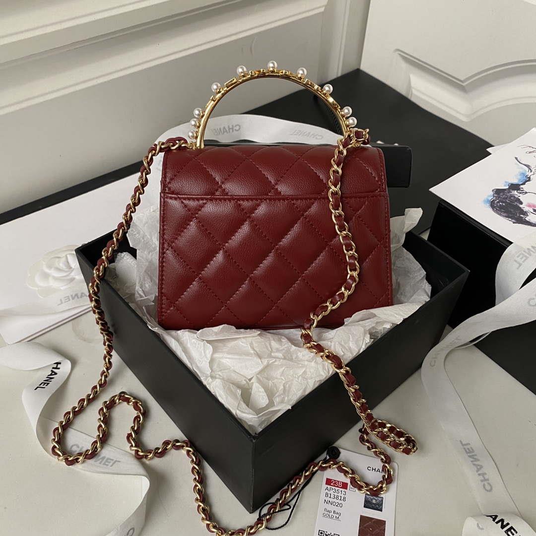 Chanel AP3513 Woc Clutch With Chain lambskin Imitation Pearls Enamel & Gold Wine Red