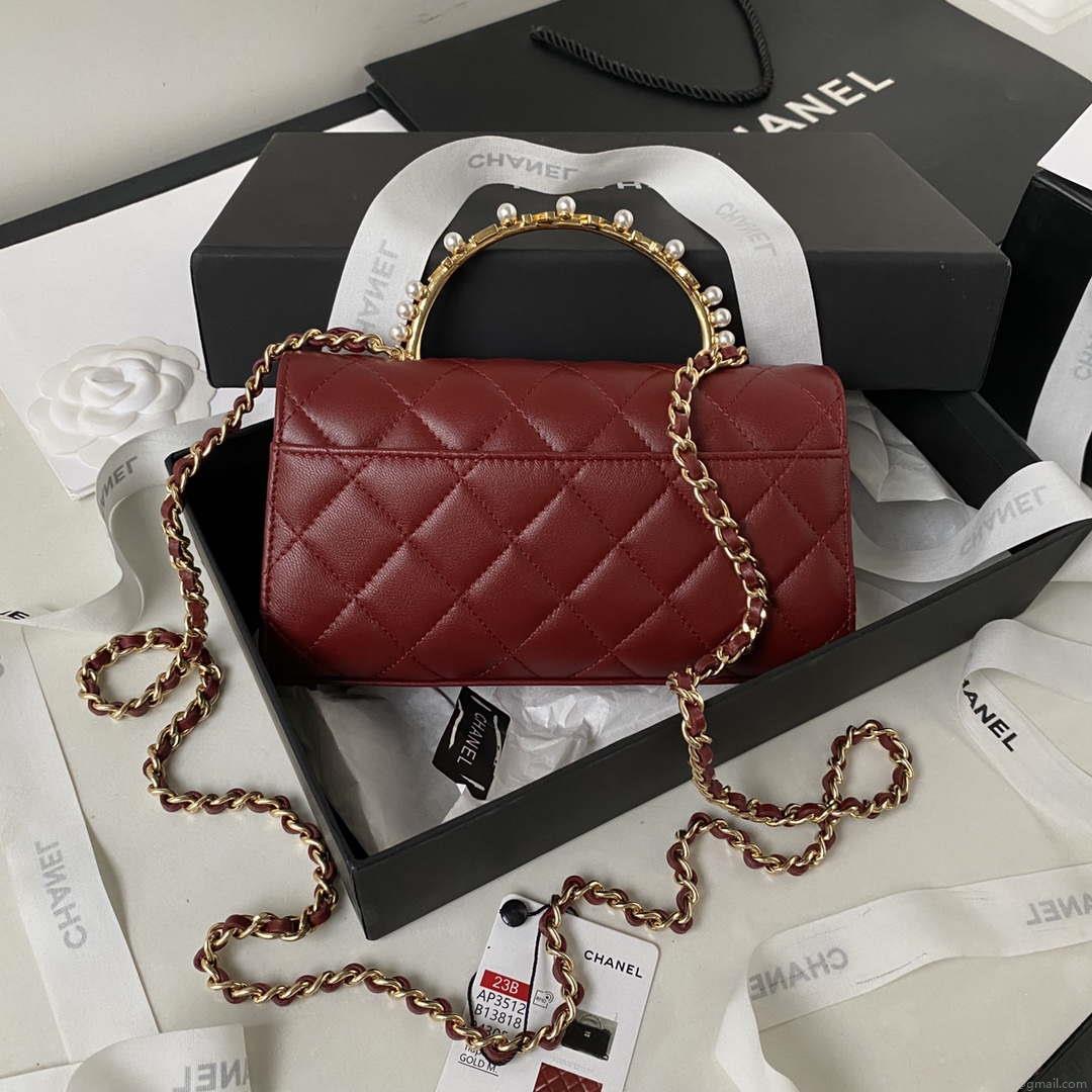 Chanel AP3512 Flap Phone Holder With Chain Lambskin Imitation Pearls Enamel & Gold Wine red