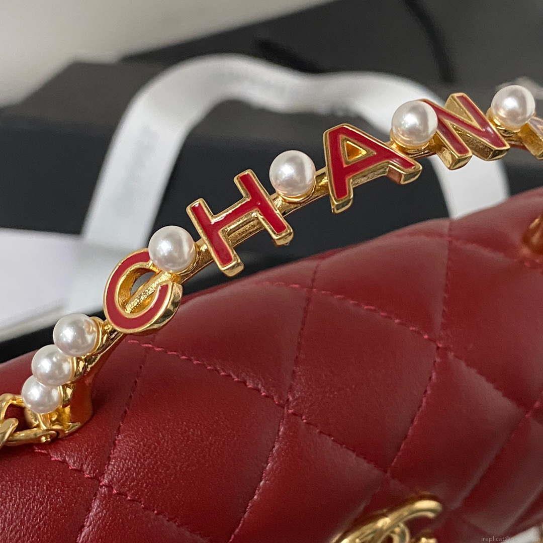 Chanel AP3512 Flap Phone Holder With Chain Lambskin Imitation Pearls Enamel & Gold Wine red