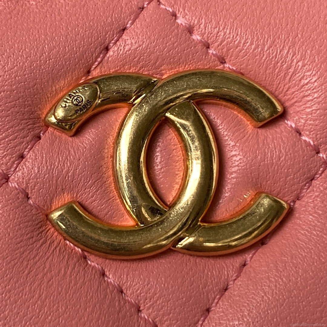 Chanel AP3512 Flap Phone Holder With Chain Lambskin Imitation Pearls Enamel & Gold Pink