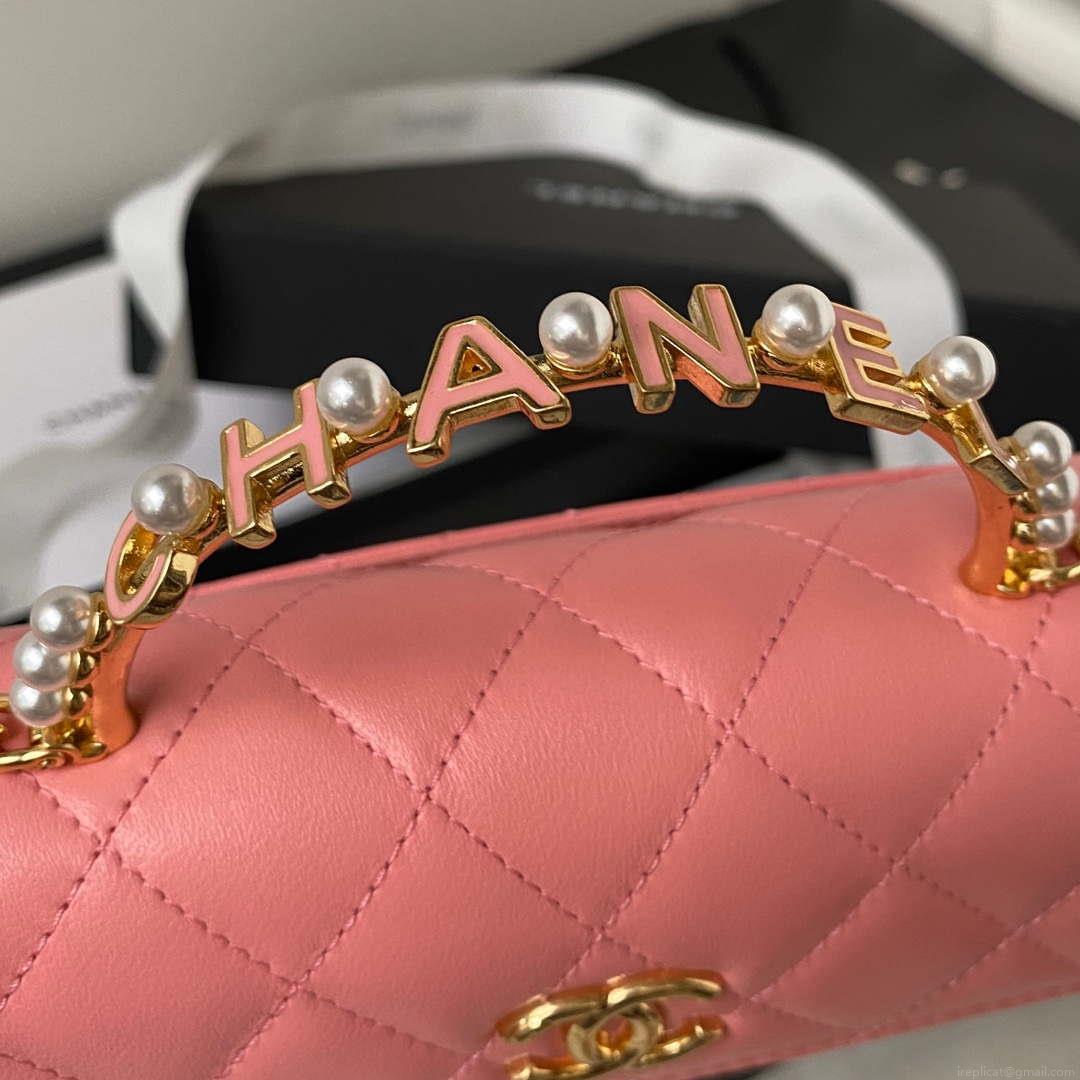 Chanel AP3512 Flap Phone Holder With Chain Lambskin Imitation Pearls Enamel & Gold Pink