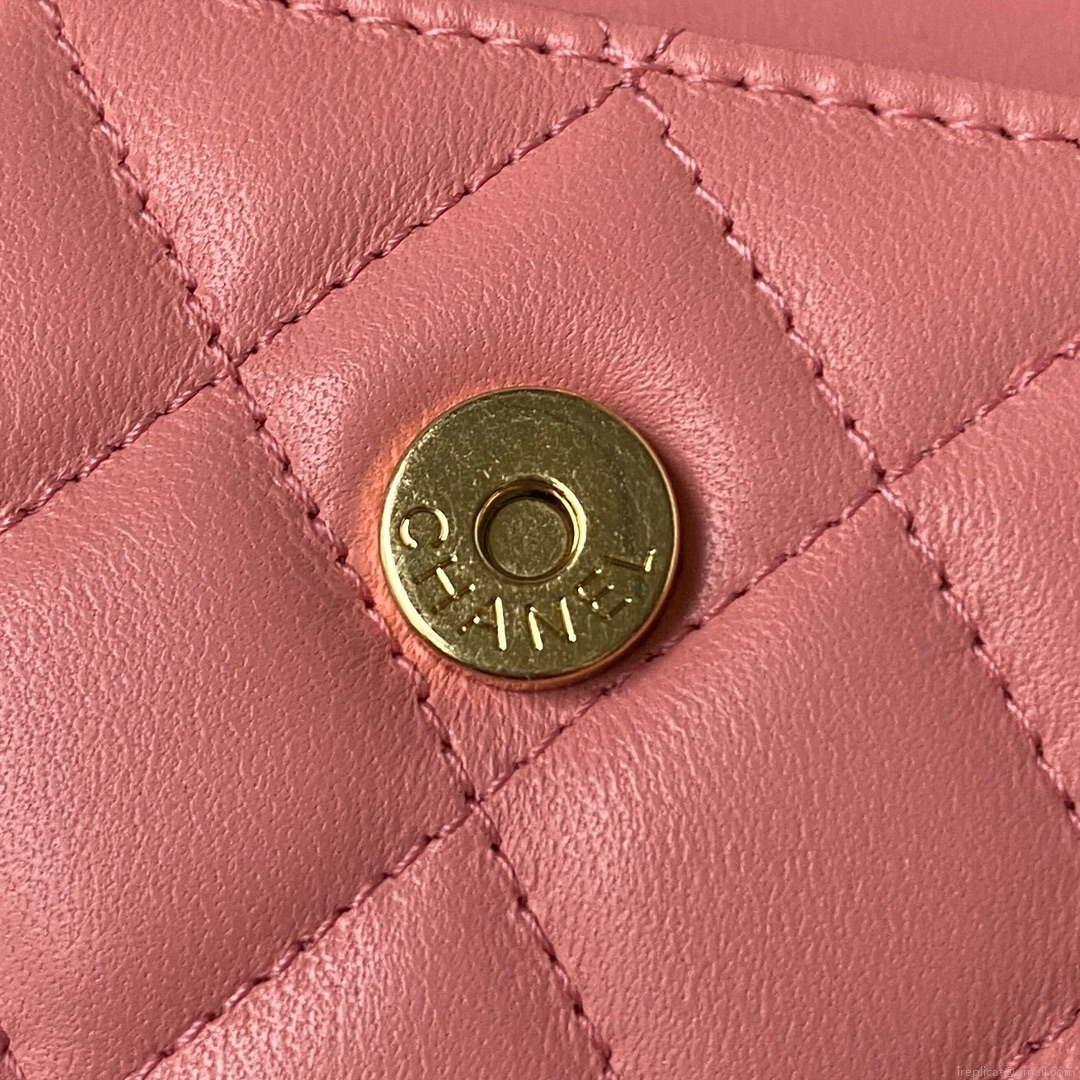 Chanel AP3512 Flap Phone Holder With Chain Lambskin Imitation Pearls Enamel & Gold Pink