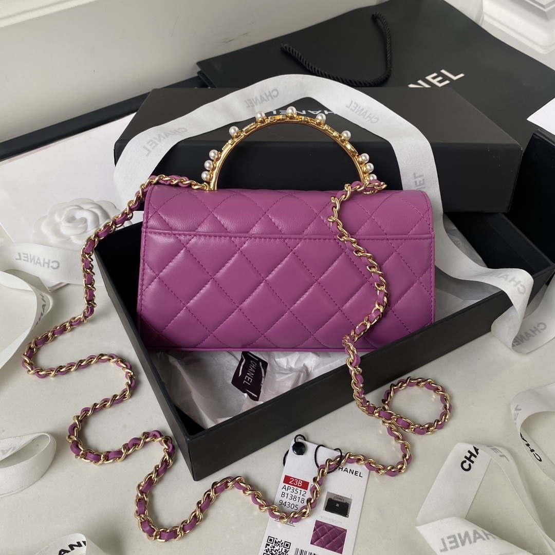 Chanel AP3512 Flap Phone Holder With Chain Lambskin Imitation Pearls Enamel & Gold Purple
