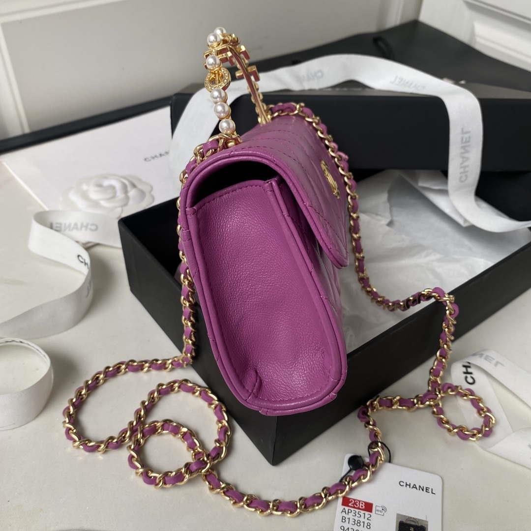 Chanel AP3512 Flap Phone Holder With Chain Lambskin Imitation Pearls Enamel & Gold Purple