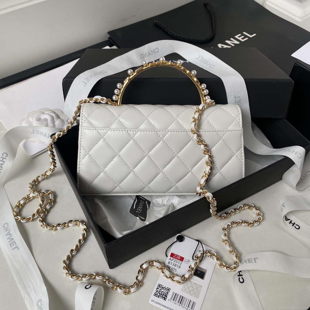 Chanel AP3512 Flap Phone Holder With Chain Lambskin Imitation Pearls Enamel & Gold White