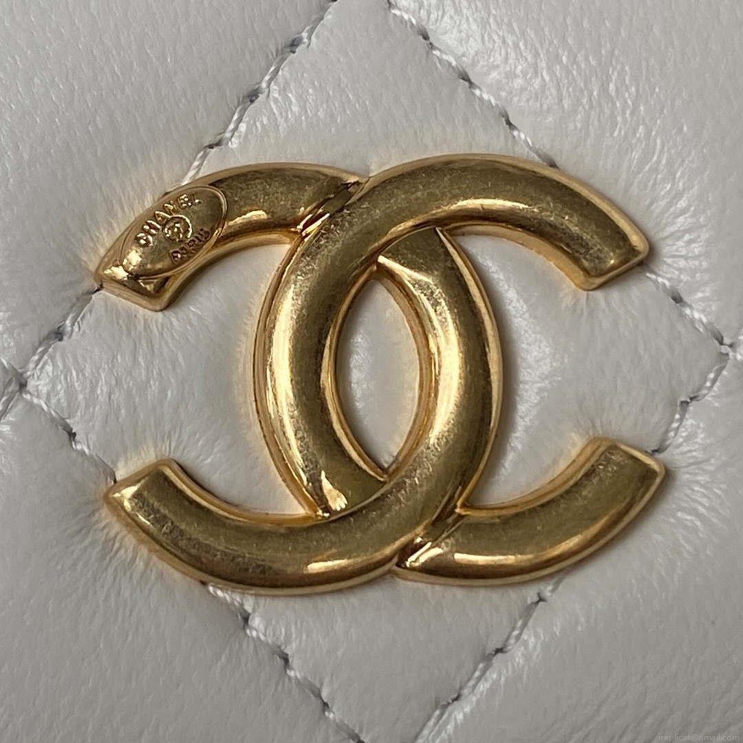 Chanel AP3512 Flap Phone Holder With Chain Lambskin Imitation Pearls Enamel & Gold White