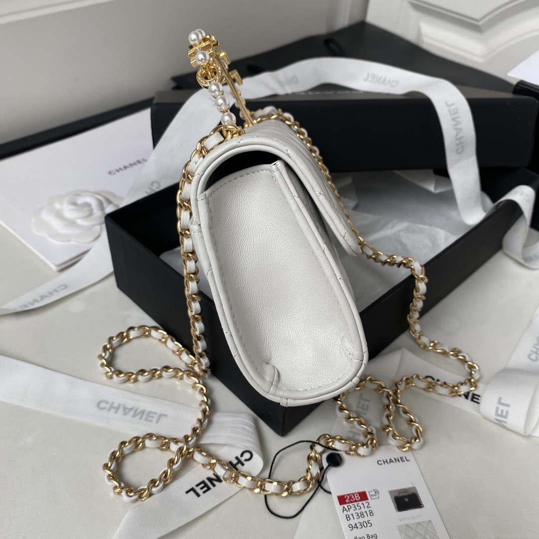 Chanel AP3512 Flap Phone Holder With Chain Lambskin Imitation Pearls Enamel & Gold White