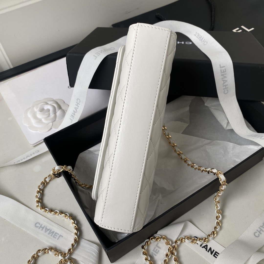 Chanel AP3512 Flap Phone Holder With Chain Lambskin Imitation Pearls Enamel & Gold White