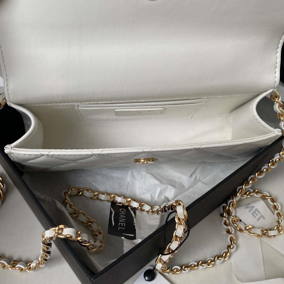 Chanel AP3512 Flap Phone Holder With Chain Lambskin Imitation Pearls Enamel & Gold White