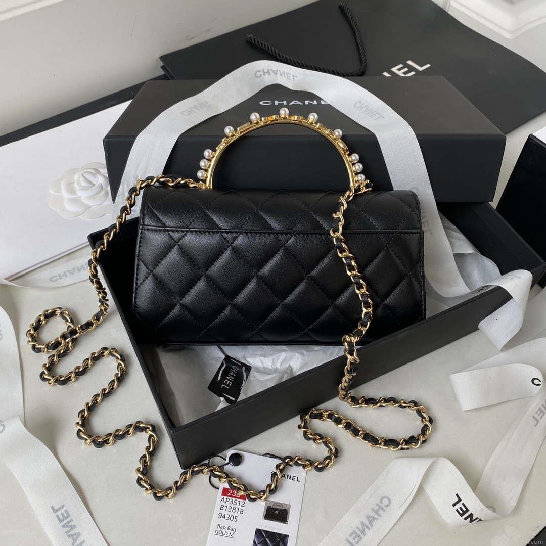 Chanel AP3512 Flap Phone Holder With Chain Lambskin Imitation Pearls Enamel & Gold Black