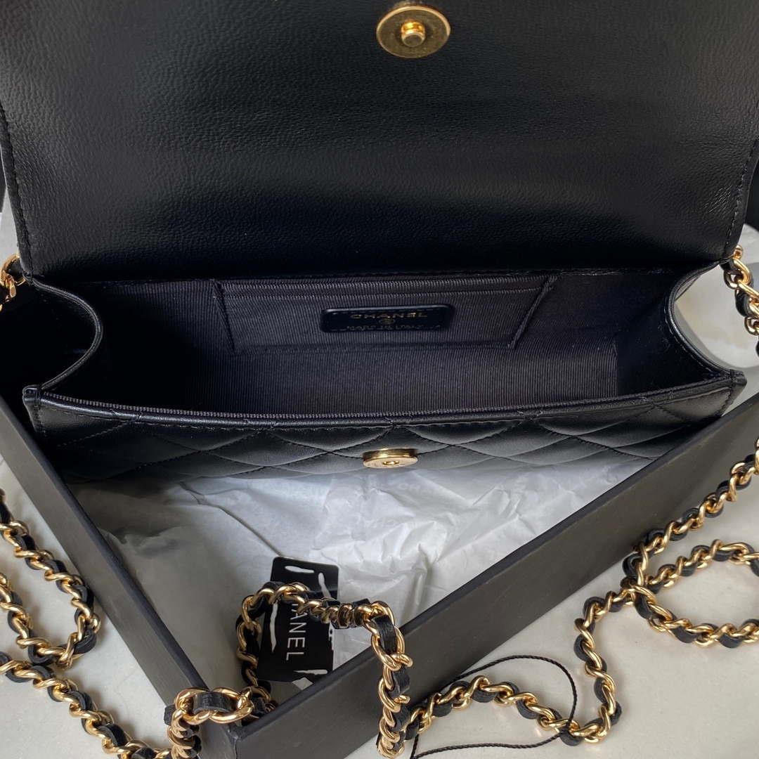 Chanel AP3512 Flap Phone Holder With Chain Lambskin Imitation Pearls Enamel & Gold Black
