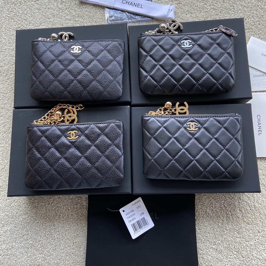Chanel Classic Card Holder Zipper Grained shiny Calfskin A50168 Black Silver