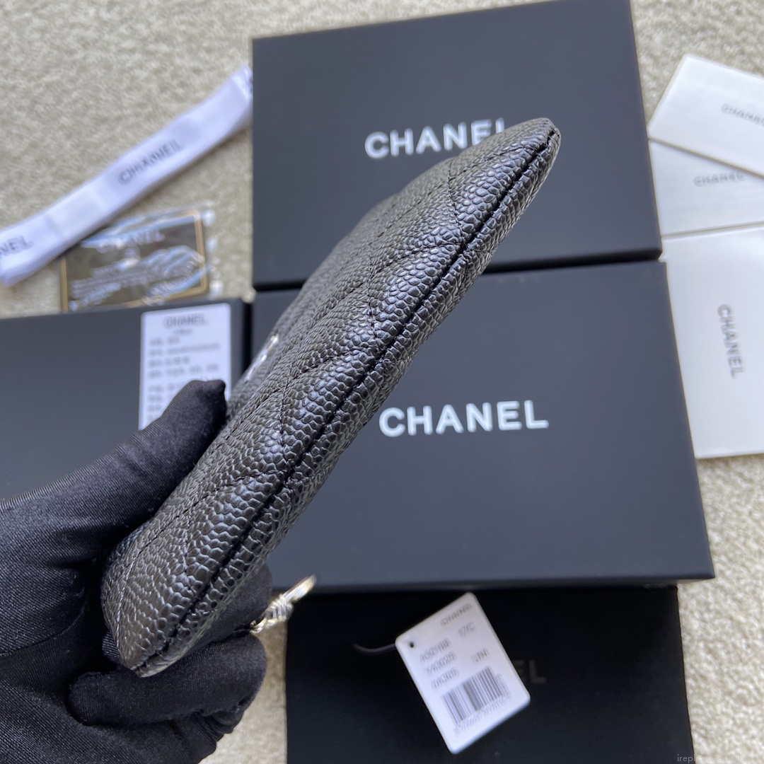 Chanel Classic Card Holder Zipper Grained shiny Calfskin A50168 Black Silver