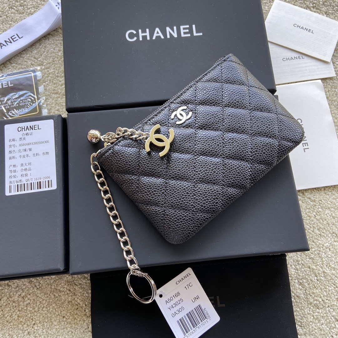 Chanel Classic Card Holder Zipper Grained shiny Calfskin A50168 Black Silver