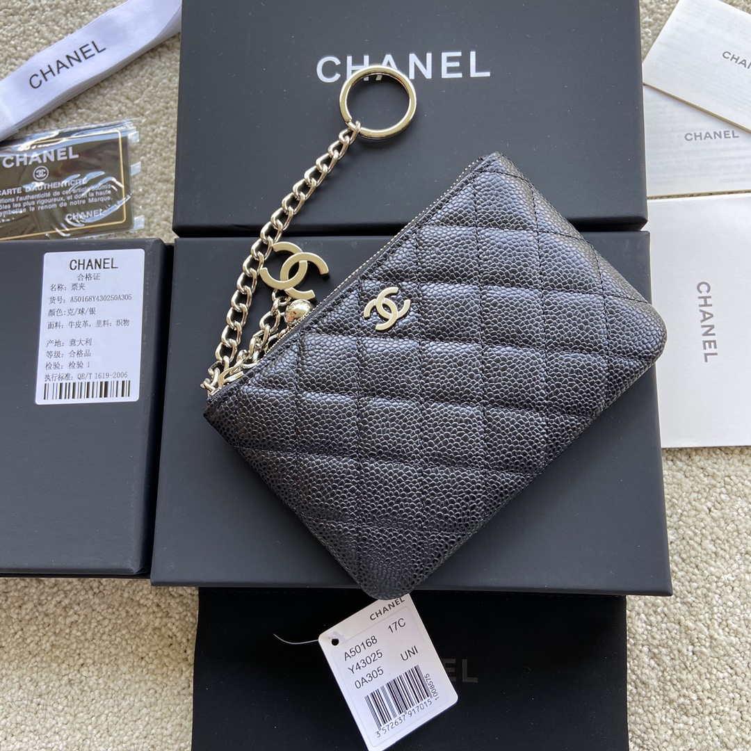 Chanel Classic Card Holder Zipper Grained shiny Calfskin A50168 Black Silver