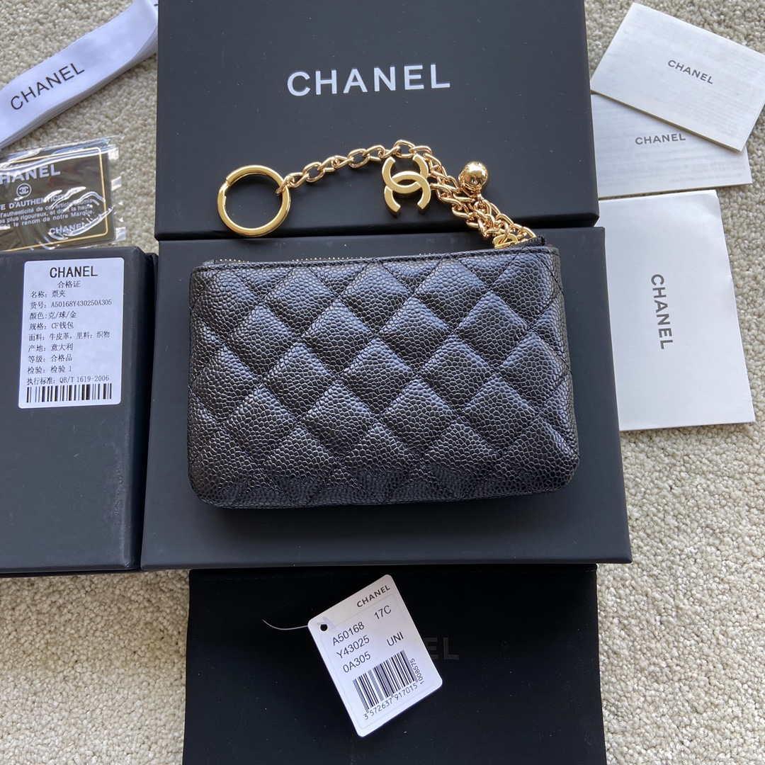 Chanel Classic Card Holder Zipper Grained shiny Calfskin A50168 Black Gold