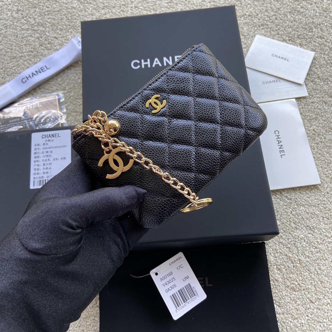 Chanel Classic Card Holder Zipper Grained shiny Calfskin A50168 Black Gold