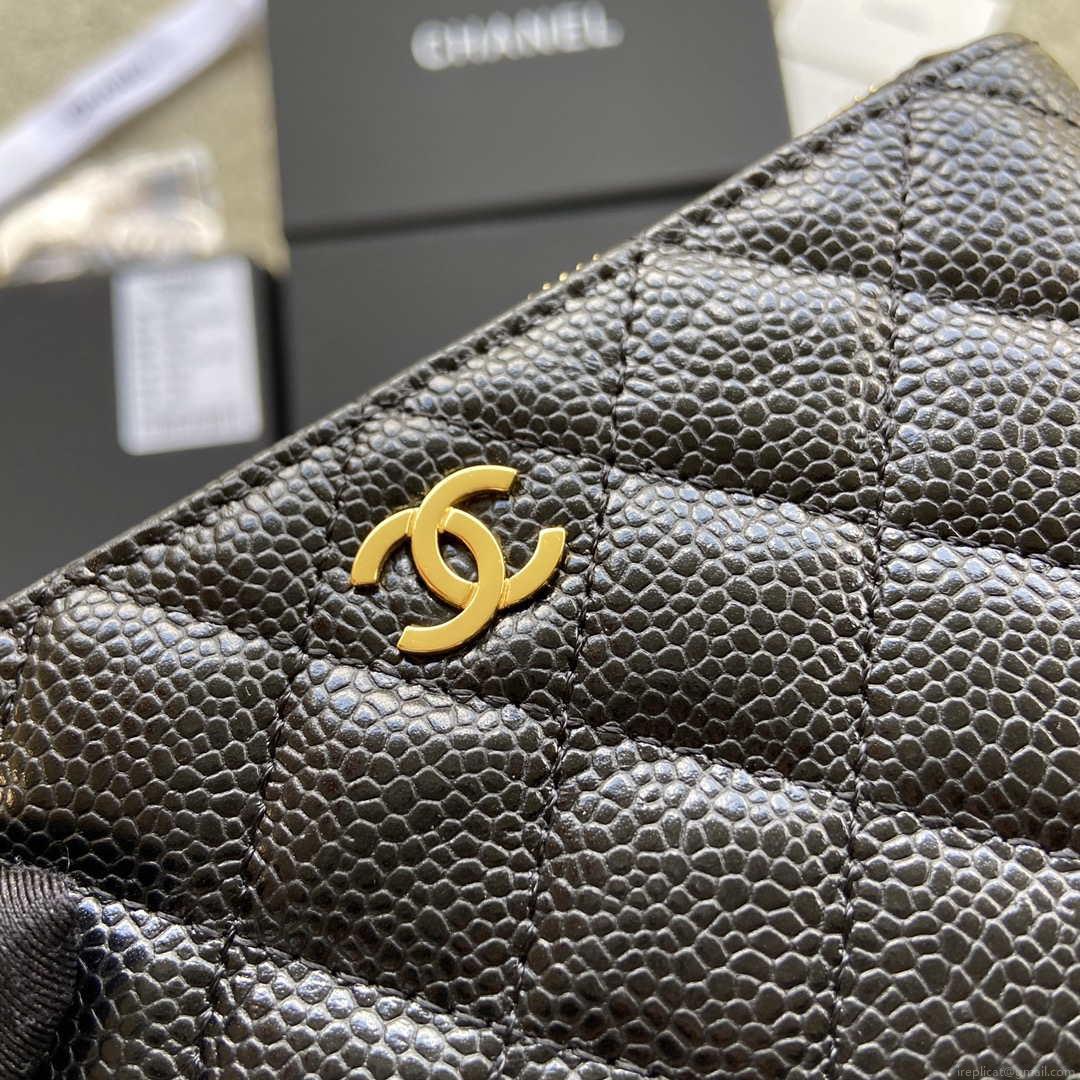 Chanel Classic Card Holder Zipper Grained shiny Calfskin A50168 Black Gold
