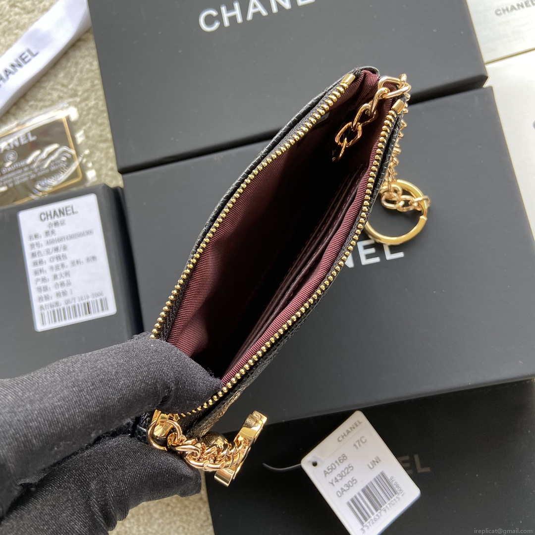 Chanel Classic Card Holder Zipper Grained shiny Calfskin A50168 Black Gold