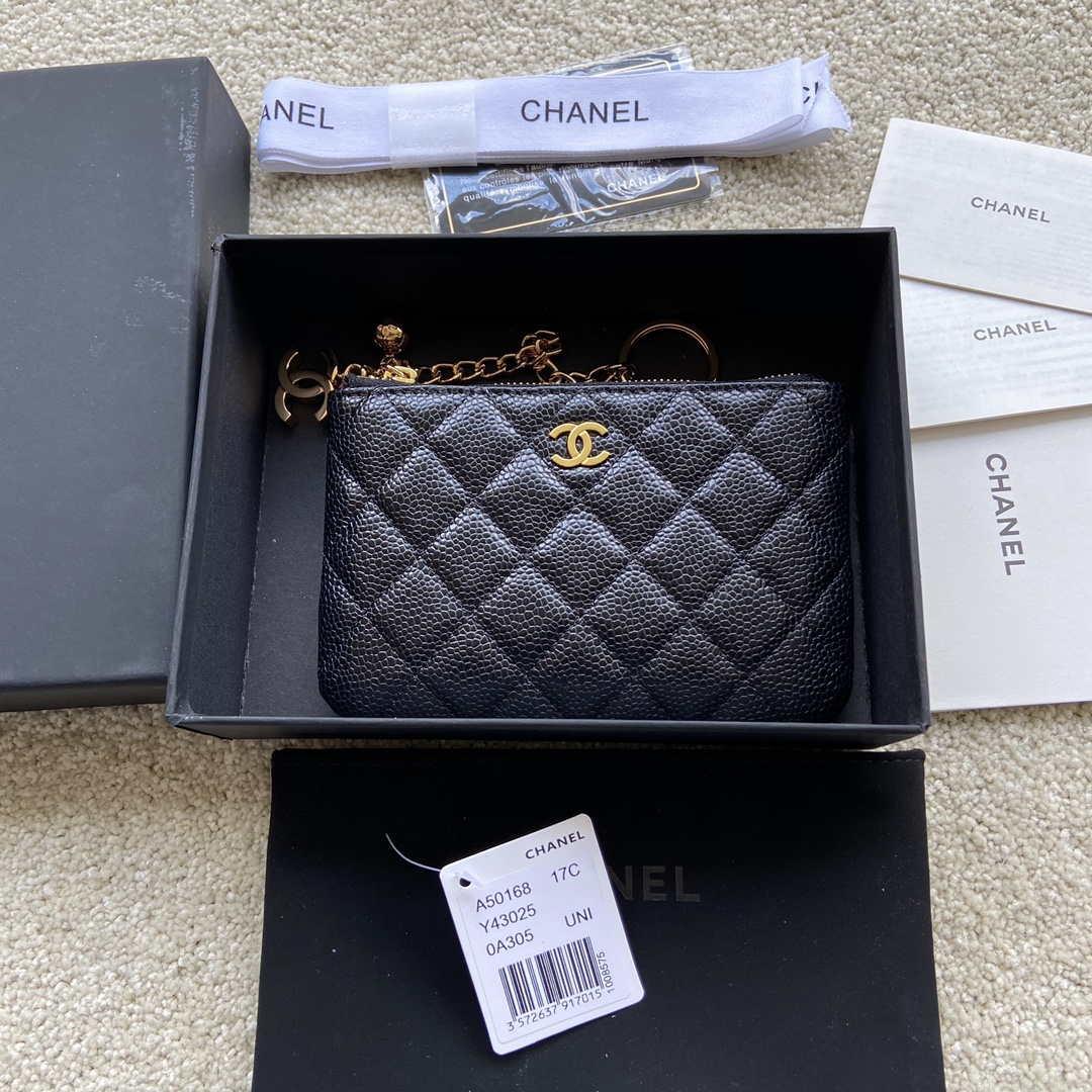 Chanel Classic Card Holder Zipper Grained shiny Calfskin A50168 Black Gold