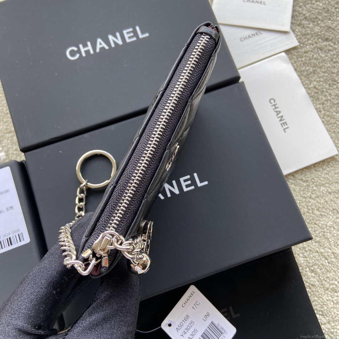 Chanel Classic Card Holder Zipper Lambskin A50168 Black Silver