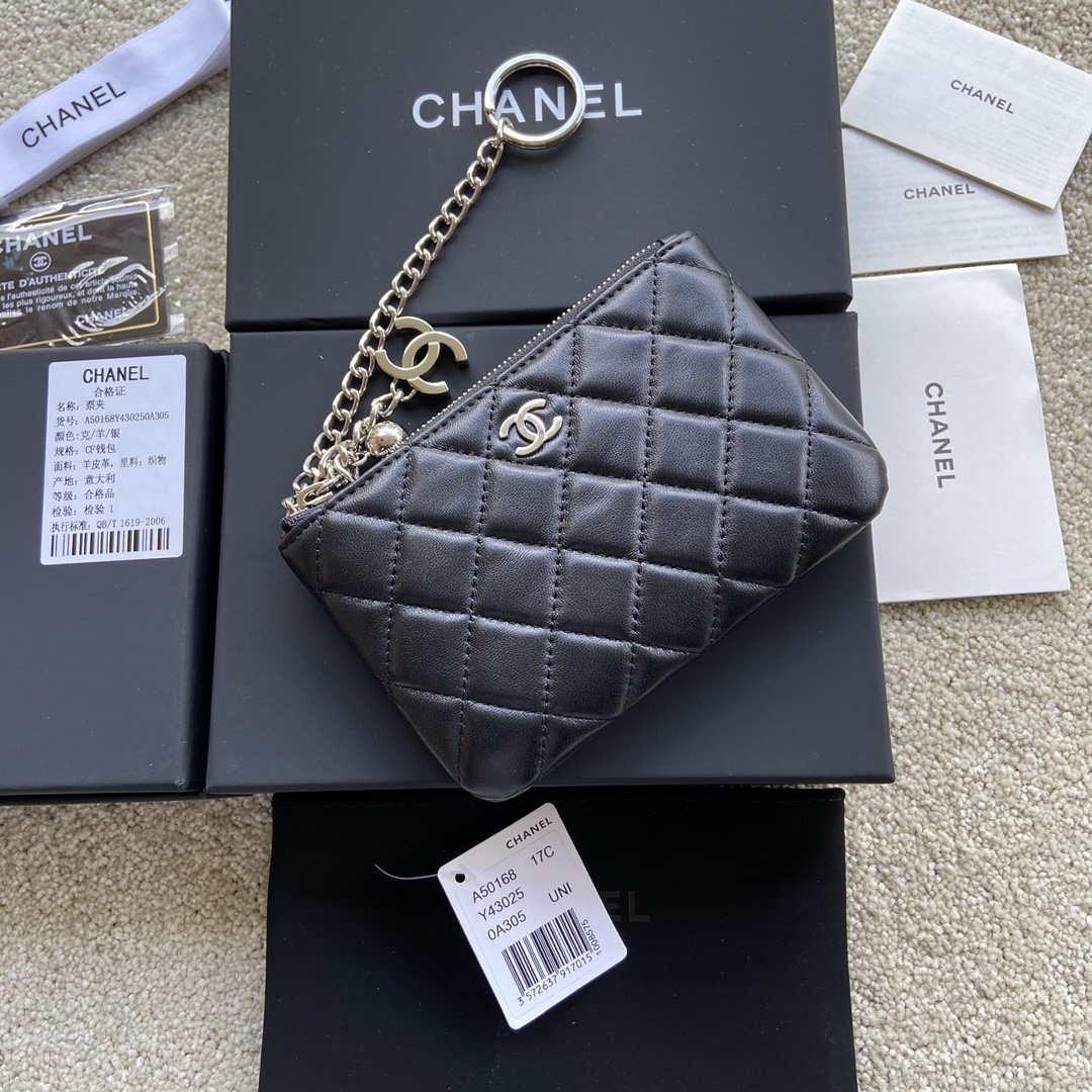 Chanel Classic Card Holder Zipper Lambskin A50168 Black Silver