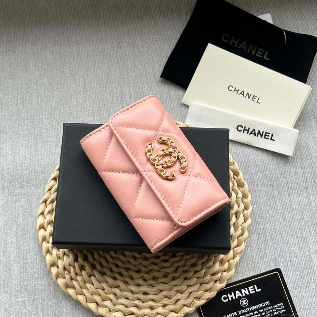 Chanel AP1790 19 flap Card Holder shiny lambskin gold tone ruthenium finish metal Pink
