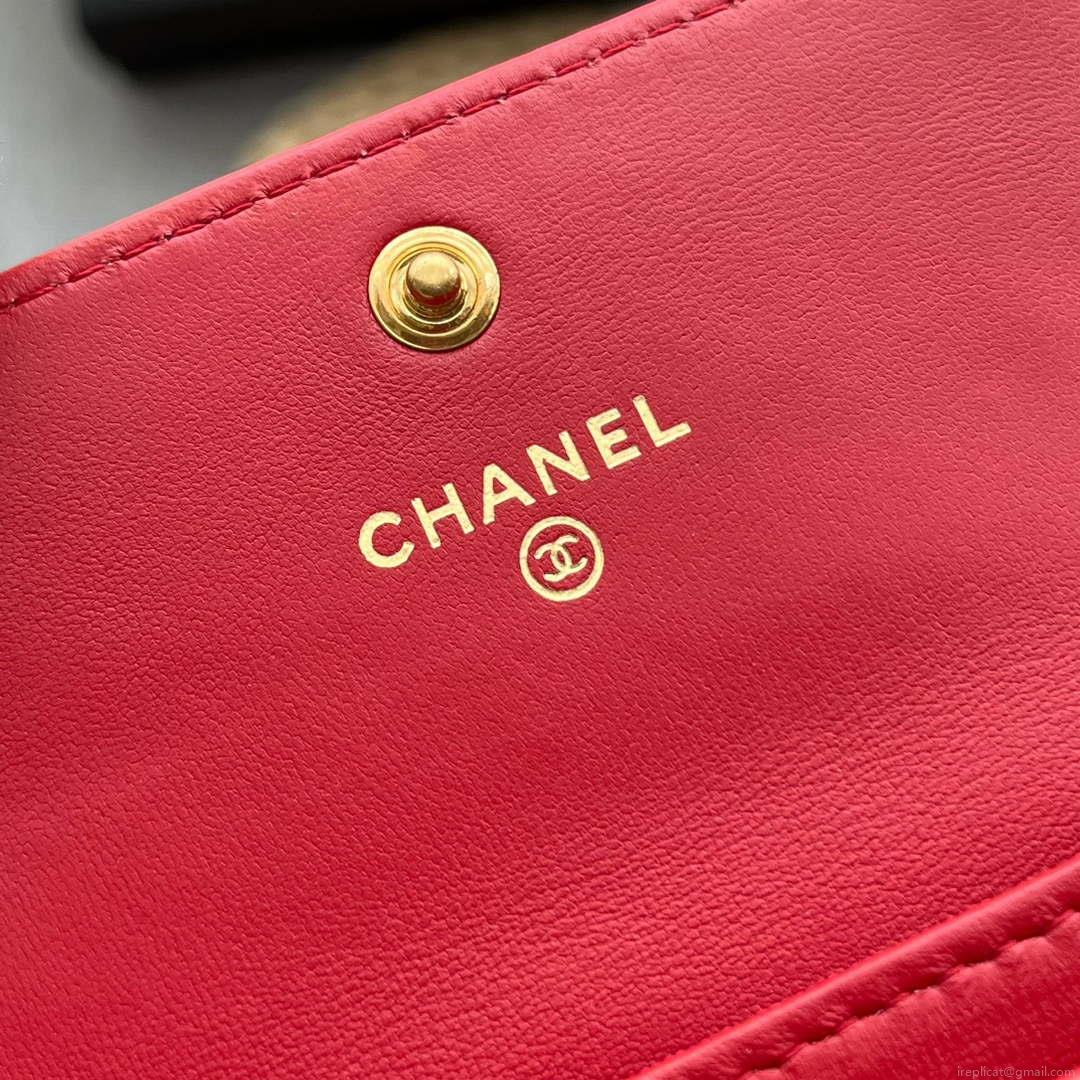 Chanel AP1790 19 flap Card Holder shiny lambskin gold tone ruthenium finish metal Red