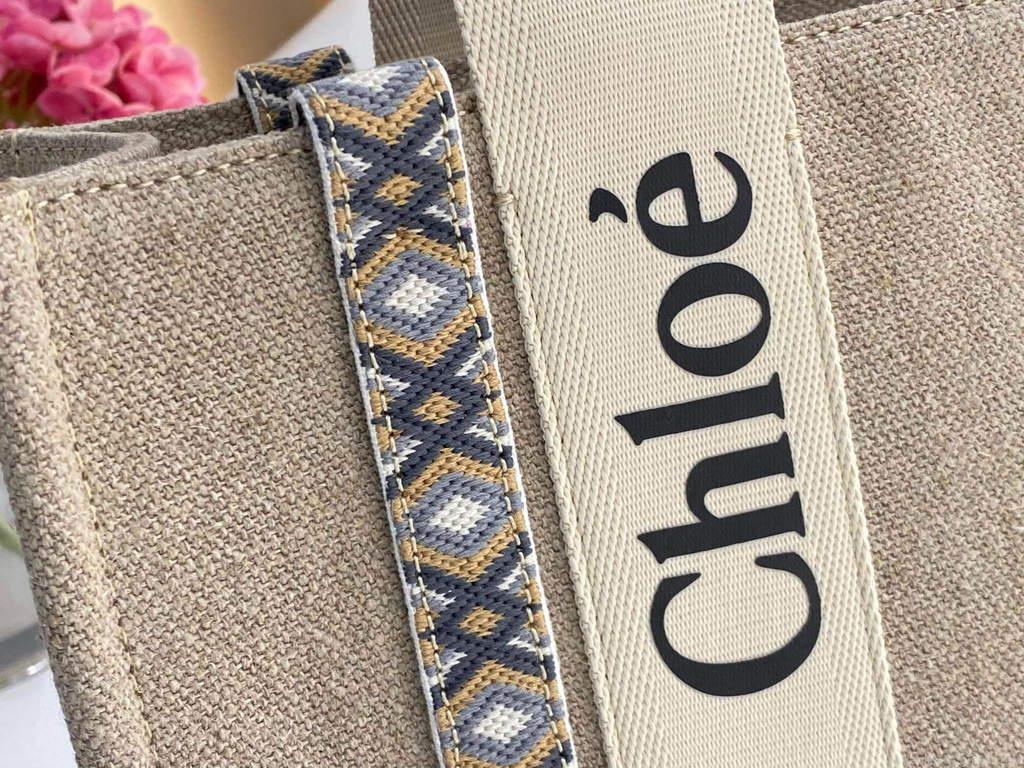 Chloe 383E6691J Medium Woody Tote Bag in Cotton Canvas Black