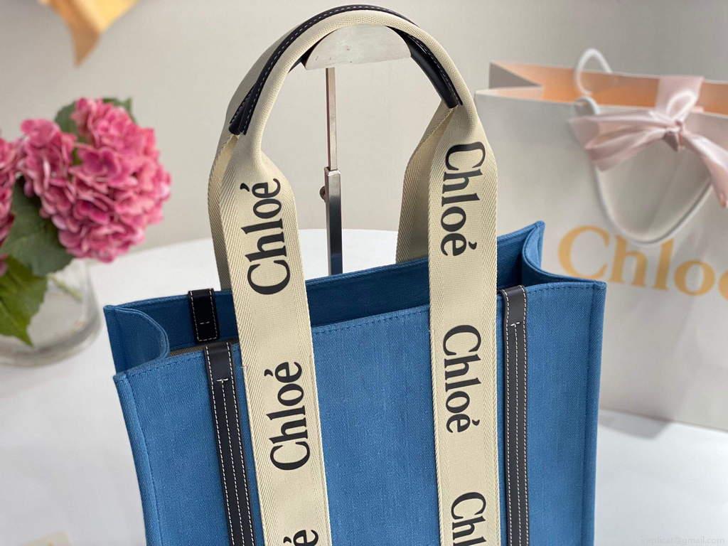 Chloe 6690 Medium Woody Tote Bag in Cotton Canvas Blue