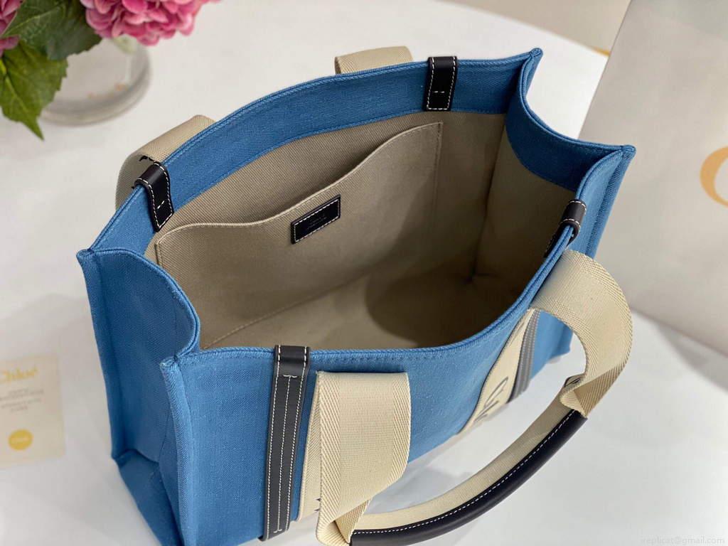 Chloe 6690 Medium Woody Tote Bag in Cotton Canvas Blue