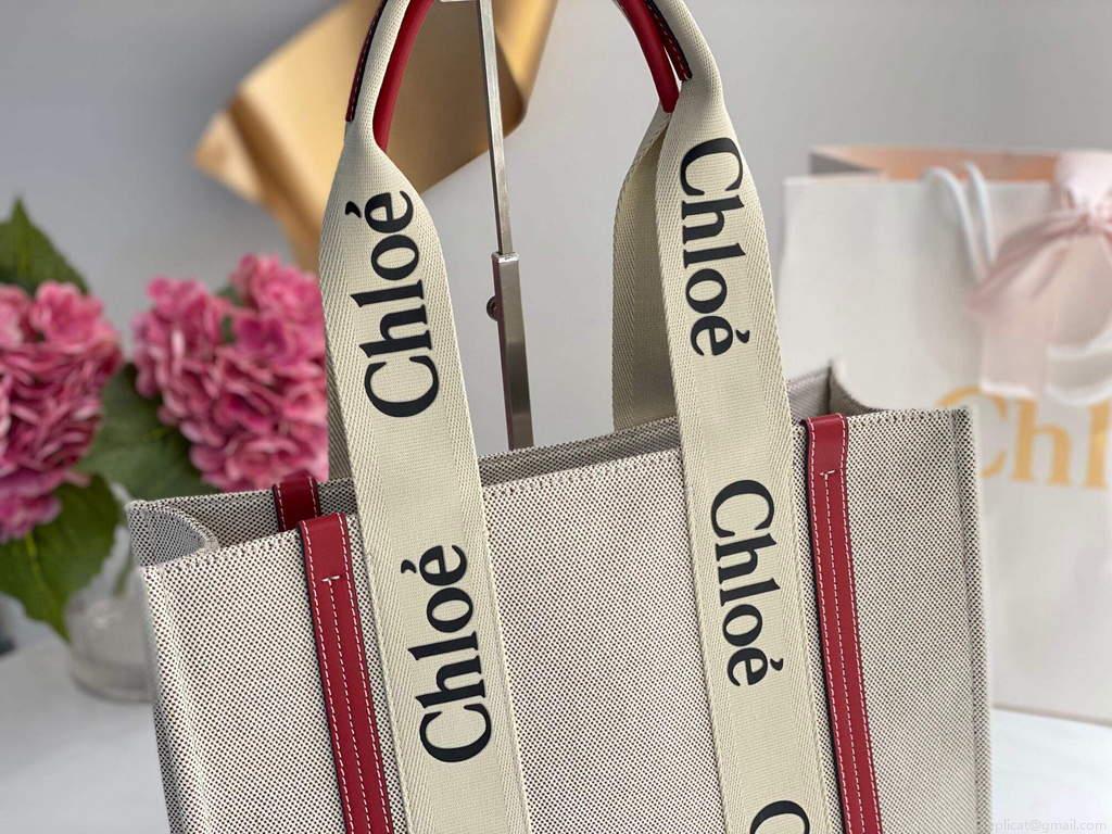 Chloe 383E66616 Medium Woody Tote Bag in Cotton Canvas Red