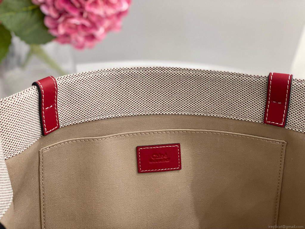 Chloe 383E66616 Medium Woody Tote Bag in Cotton Canvas Red