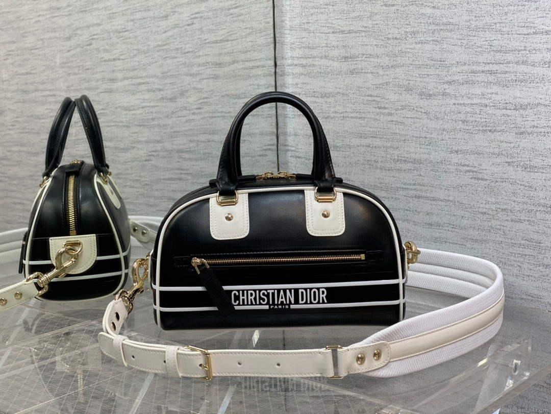 Dior M6209 Small Vibe Zip Bowling Bag Black and White Smooth Calfskin