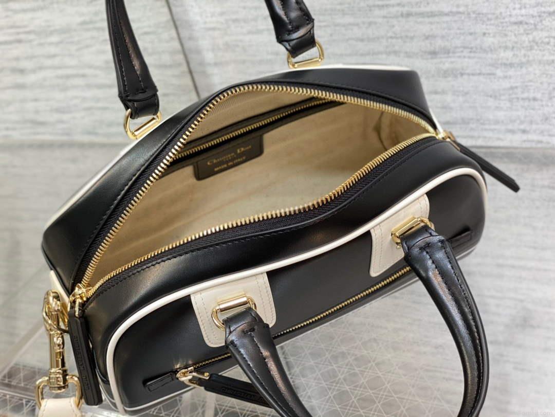 Dior M6209 Small Vibe Zip Bowling Bag Black and White Smooth Calfskin