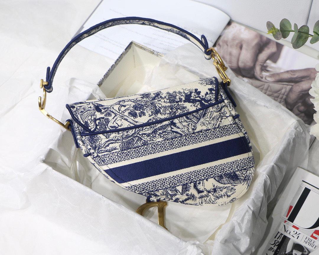 Dior Saddle Bag M0446 Blue Toile de Jouy Embroidery
