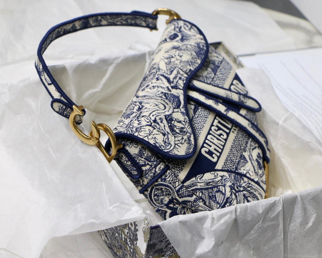 Dior Saddle Bag M0446 Blue Toile de Jouy Embroidery