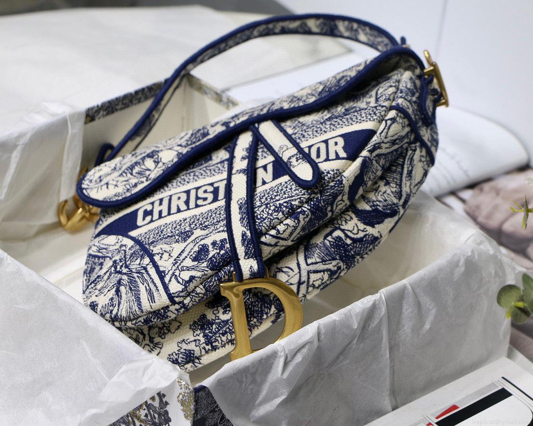 Dior Saddle Bag M0446 Blue Toile de Jouy Embroidery
