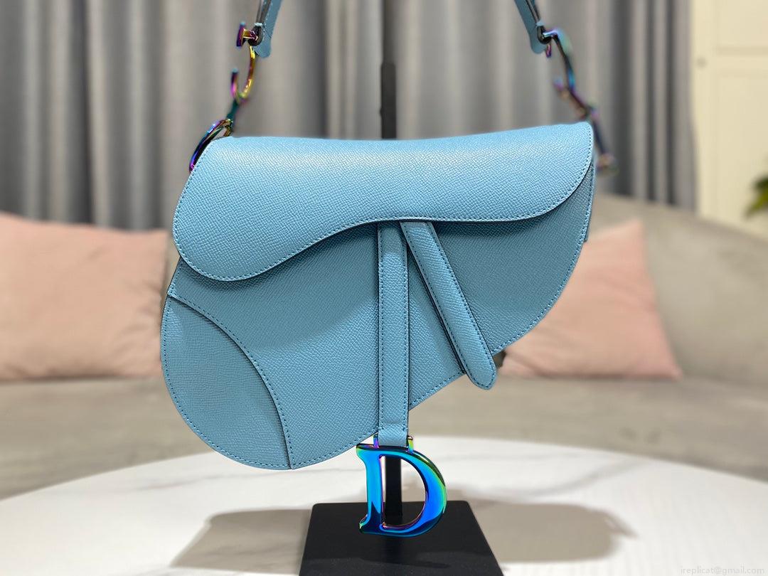 Dior M0446 Dior Saddle Bag Light Blue Grained Calfskin Blue logo
