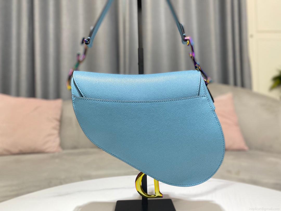 Dior M0446 Dior Saddle Bag Light Blue Grained Calfskin Blue logo